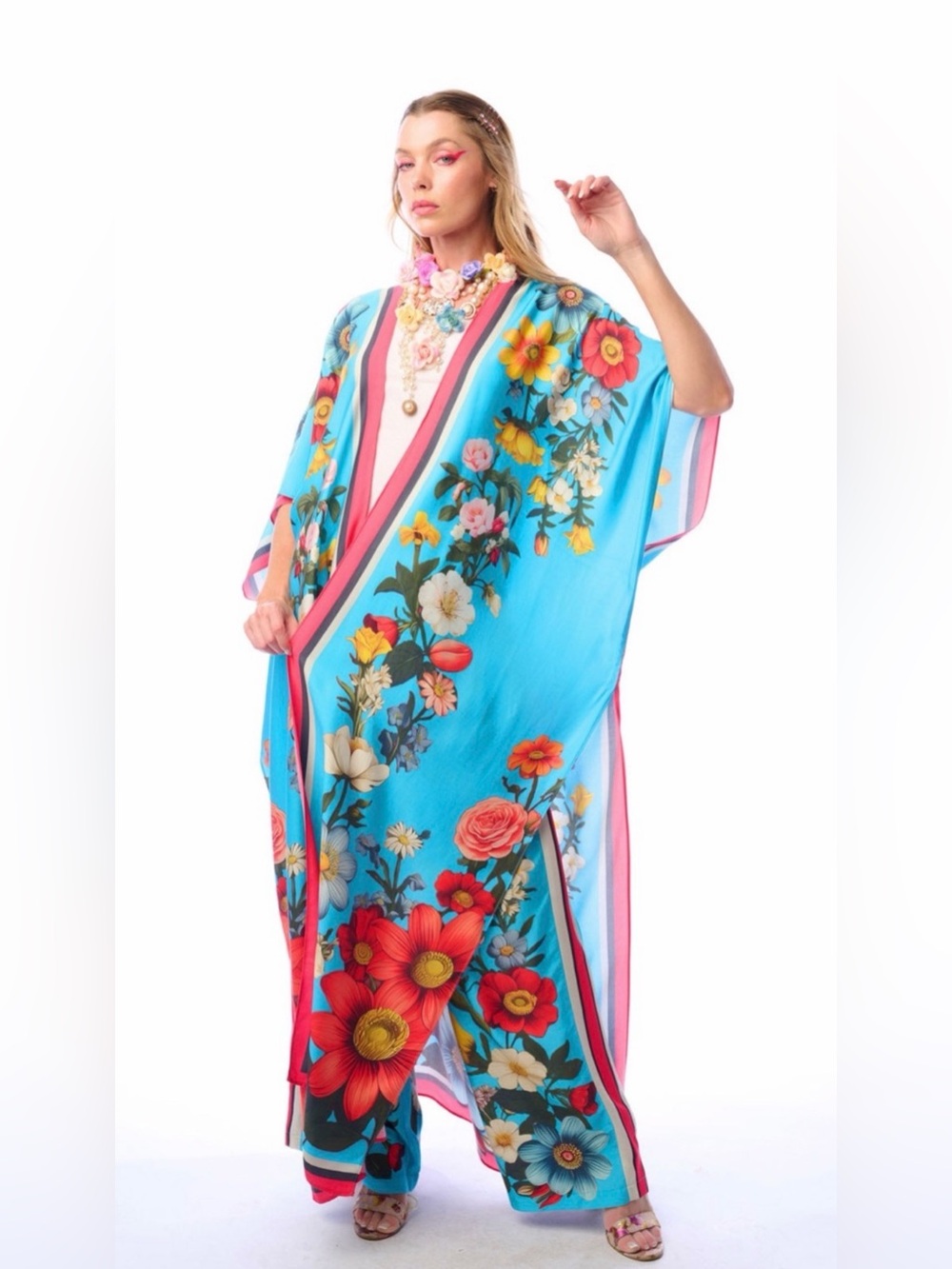 Floral Light Blue Kimono Caftan Robe with Pink Trim